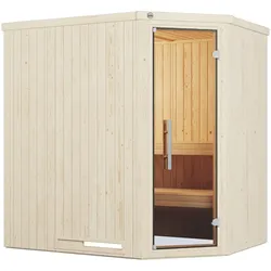 Sauna WEKA "Element-Ecksauna VARBERG 1", weiß, ohne Ofen, ohne Steuerung, (ohne Ofen), Saunen, vorgefertigte Elemente, moderne Ganzglastür