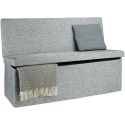 Relaxdays Sitzhocker mit Lehne, HxBxT:73x114x38cm, stabiler Sitzcube, Fußablage, Sitzbank, Leinen, Stauraum, grau