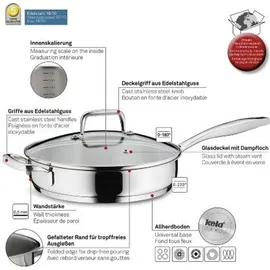 Kela Edelstahl 24 cm hoher Rand FLAVORIA, 1,6L Induktion Bratpfanne mit Deckel, Dampfauslassventil, Schmortopf unbeschichtet