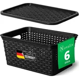Novaliv 6er Set Aufbewahrungsboxen mit Deckel Klein 5L Korb Schwarz in Rattan Design Lebensmittelecht Aufbewahrungskorb Stapelboxen Nestbar Kunstst...