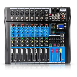 Professionelle 8 Kanal Stereo Sound Mischkonsole, Mischpult mit USB Bluetooth DJ Live Audio Mixer mit LCD-Anzeige mit Hall-Delay-Effekt für Heim-KTV, Aufnahmestudios, Live-Streaming, 48V Phantom Power