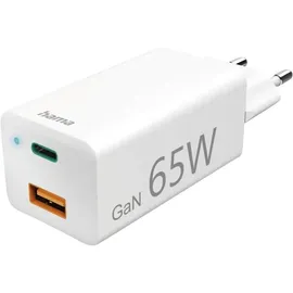 Hama Schnellladegerät, GaN, 1x USB-C PD, 1x USB-A QC, Mini-Ladegerät, 65 W, Weiß