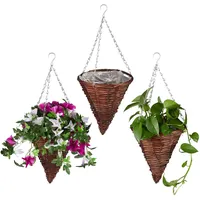 Relaxdays Blumenampel, 3er Set, Weide Korbgeflecht, handgefertigt, Folie, Eisenkette,