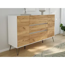 Sideboard Kommode Lovo 155cm Greifraum 3 SoftClose 2 Türen Weiß/Eiche Front