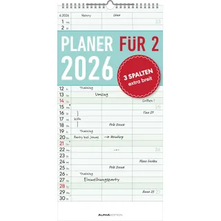 ALPHA EDITION GmbH & Co. KG Planer für zwei 2026 mit 3 Spalten - Familien-Timer 22x45 cm - Offset-Papier - mit Ferienterminen - Wand-Planer - Familienkalender - Alpha Edition