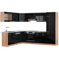 Vicco Eckküche, Schwarz Hochglanz, Honigeiche, Holzwerkstoff, L-Form,Formgebogen, 287x81.6x60 cm, Küchen, Eckküchen, Eckküchen ohne Geräte