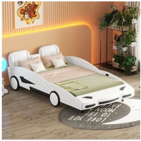 SOFTWEARY Autobett mit Lattenrost und Rausfallschutz (140x200 cm), Kinderbett, Kunstleder weiß
