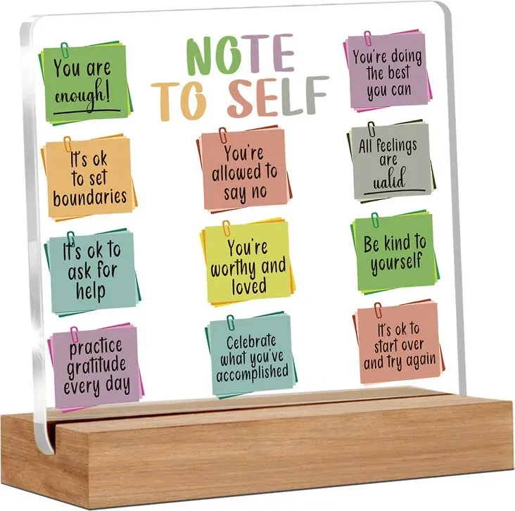 Alphynix 1 Stück Selbstpflege-Acryl-Plakette, Stand mit Holzbasis, mit 12 farbigen Notiz-Designs und den Affirmationen „Du bist genug“ und „Es ist in Ordnung, Grenzen zu setzen“, Mental-Wellness-Desktop-Dekor