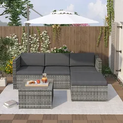 Merax Polyrattan Lounge-Sofagarnitur, Lounge-Gartenmöbel,  Couchgarnitur mit Sitz- und Rückenkissen, Lounge-Tisch , Grau