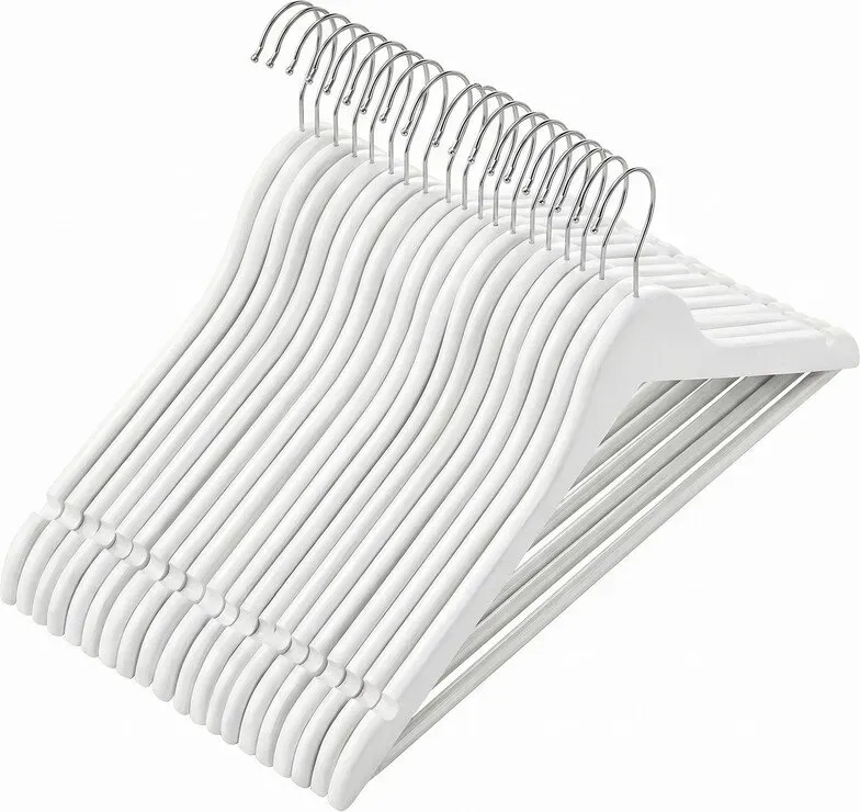 Ochama 10 weiße Holzkleiderbügel –44.5x23x1.2cm silberner Schwenkhaken, Schulterkerben & rutschfeste Hosenstange – ideal für Anzüge, Hemden, Mäntel – 10er-Set