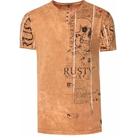 RUSTY NEAL T-Shirt RUSTY NEAL, Herren, Gr. M, braun (camelfarben), 100% Baumwolle, bedruckt, normal, Rundhals, Shirts T-Shirt, im Used-Look mit Allover-Print