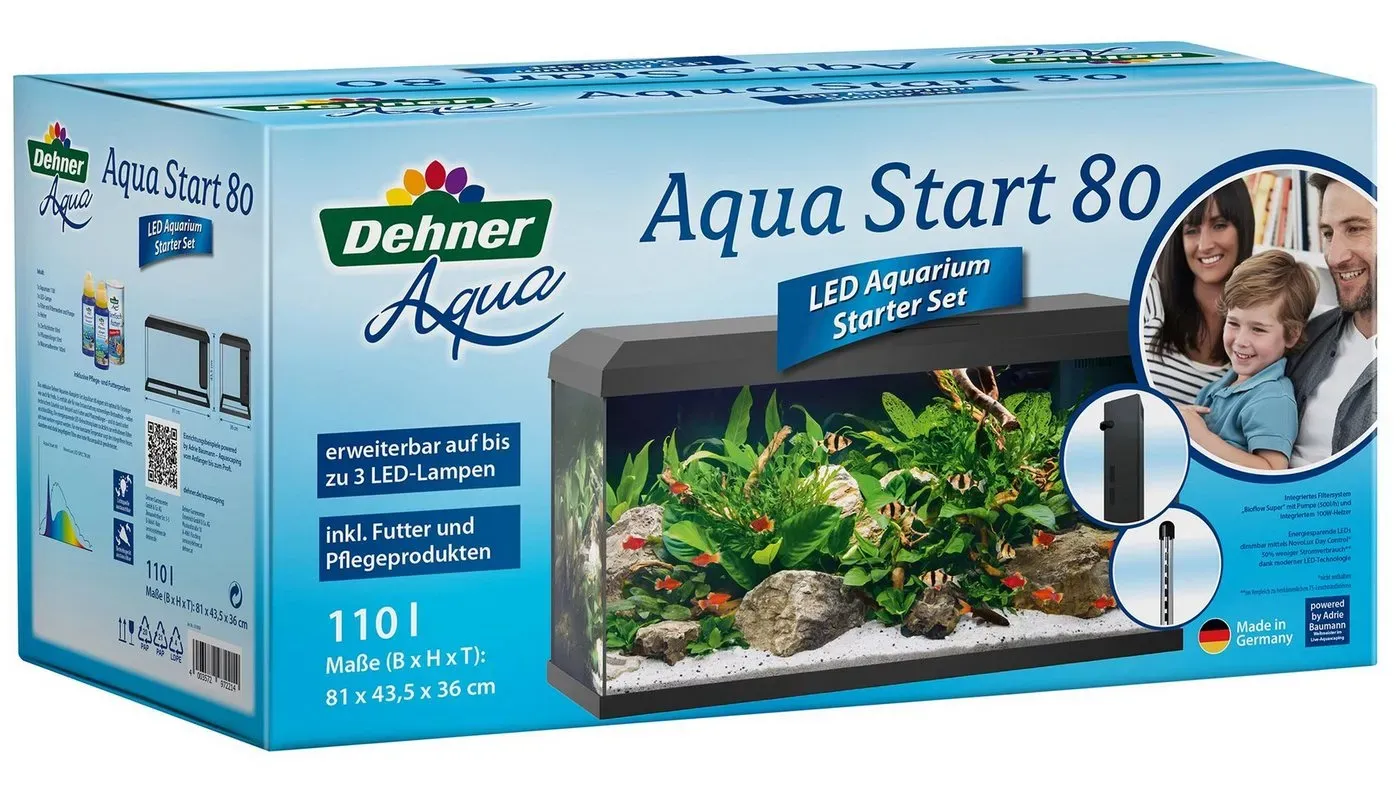 Dehner Aquarien-Set Aqua Start 80, 81 x 36 x 45 cm, mit Futter/Pflege, Einsteiger-Aquarium mit vielem Zubehör schwarz