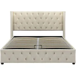 Merax Doppelbett 140*200cm, Polsterbett Ohrenform Doppelte Nietenreihe Flanell, Knopfnähte Kopf-und Fußende, beige