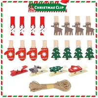 100 Stück Weihnachten Holz Clips, Weihnachtsdeko Holzklammern, Weihnachtsklammern Clips Dekorieren, mit 10 Meter Hanf Schnur, für Dekorieren Weihnachten, Fotowänden, Postkarten, Papiertüten