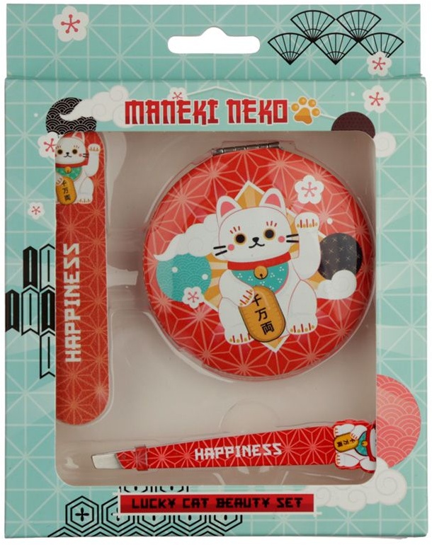 Maneki Neko Glückskatze Taschenspiegel, Nagelfeile und Pinzette Beauty-Set