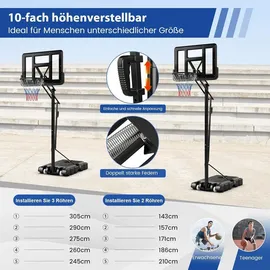 Costway Basketballständer 245-305cm höhenverstellbar, Basketballkorb mit Ständer, 2 Rädern & Gewichtssack, Mobile Basketballanlage