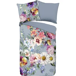 Wendebettwäsche DESCANSO "Novara", grau, B/L: 135cm x 200cm, , Satin (Bio-Baumwolle), B/L: 80cm x 80cm, Satin (Bio-Baumwolle), Obermaterial: 100% Baumwolle, Bettwäsche, Baumwolle, Satin, 135x200, Biese, Reißverschluss, Wende, Blumen, Natur