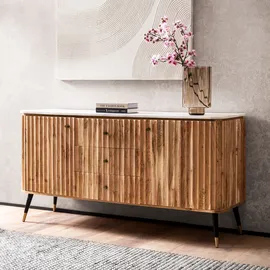 FineBuy Design Sideboard FineBuy 150 cm Massivholz Marmor Türen Schubladen Kommode