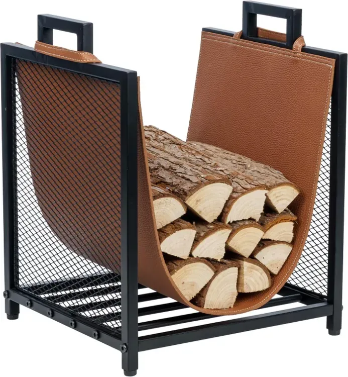 MyGift Moderner Schwarzer Metall-Kaminholzständer mit brauner Lederimitat-Holzschlinge, Drahtgitter-Design und Tragegriffen, Kompakter Anzündholz-Lagerständer