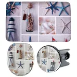 Sanilo Badaccessoire-Set 3-teilig Meeresbrise, WC-Sitz mit Absenkautomatik, Badteppich 70 x 110 cm, Waschbeckenstöpsel, 3 tlg., hochwertig & modern, universell, leichte Montage blau