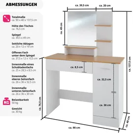 Tectake tectake® Schminktisch, im modernen Look, 3 offene Ablagen, unterteilte Schublade, 90 x 40 x 137,5 cm