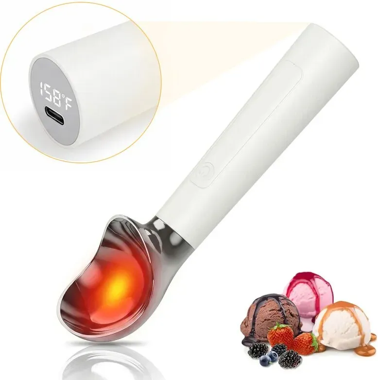 Huacan elektrische, wiederaufladbare Eisportionierer mit Heizfunktion und LED-Display, wasserdicht, für hartes Eis (Weiß, 59 ml)