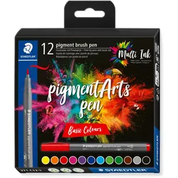 STAEDTLER Pigment Arts Brush Pen Basic Colors, 12 Farben, Mehrfarbig, Rund, Kuns