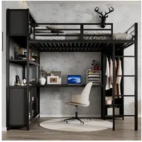 Odikalo Hochbett 140x200 Metallbett mit Schreibtisch Jugendbett Kinderbett (Eisenbett, Hochbett, Doppelstöckiger Stauraum unter dem Schreibtisch, Oberes Bett mit Stauraum, Mit Kleiderschrank, Eisen + Spanplatte, Schwarz / Weiß, 140x200cm)