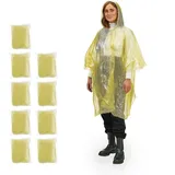 Relaxdays Regenponcho Einweg, 10er Set, Einmal Regencape mit Kapuze, für Erwachsene, Notfallponcho Damen & Herren, gelb