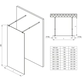 doporro Duschwand Duschtrennwand 100x200 Walk-In Dusche schwarz mit Doppel-Stabilisator aus Echtglas 10mm ESG-Sicherheitsglas Vollgrau