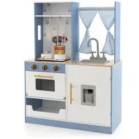 Costway Kinderküche aus Holz, Spielküche mit Vorhängen, Herd, Spüle,