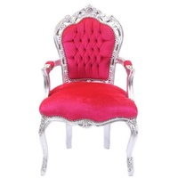 Casa Padrino Barock Esszimmer Stuhl mit Armlehnen und edlem Samtstoff Pink / Silber - Handgefertigter Antik Stil Stuhl - Esszimmer Möbel im Barockstil - Barock Möbel