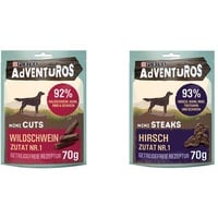 PURINA AdVENTuROS Mini Cuts Hundeleckerli getreidefrei, Hundesnack reich an Wildschwein, 7er Pack (7 x 70g) & Mini Steaks Hundeleckerli getreidefrei, Hundesnack reich an Hirsch, 7er Pack (7 x 70g)