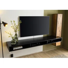 MASSIVMOEBEL24.DE Wohnwand schwebend Wildeiche 234x49x140 natur geölt /schwarz lackiert STARNBERG #07