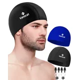 Vanocat 2 Stück Lycra Badekappen Damen Herren, Schwimmkappe Lange/Kurze Haare Hohe Elastizität Spandex-Stoff, Bequeme Badekappen mit Ohrstöpseln und Nasenclip-Schwarz+Blau