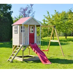 Wendi Toys Holz Stelzenhaus Alpaka | mit roter Rutsche, Schaukel und Sandkasten | Natur | 290x350x242 cm