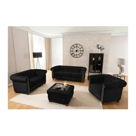 S-Style Chesterfield Polstergarnitur Samt 3-Sitzer + 2-Sitzer Schwarz