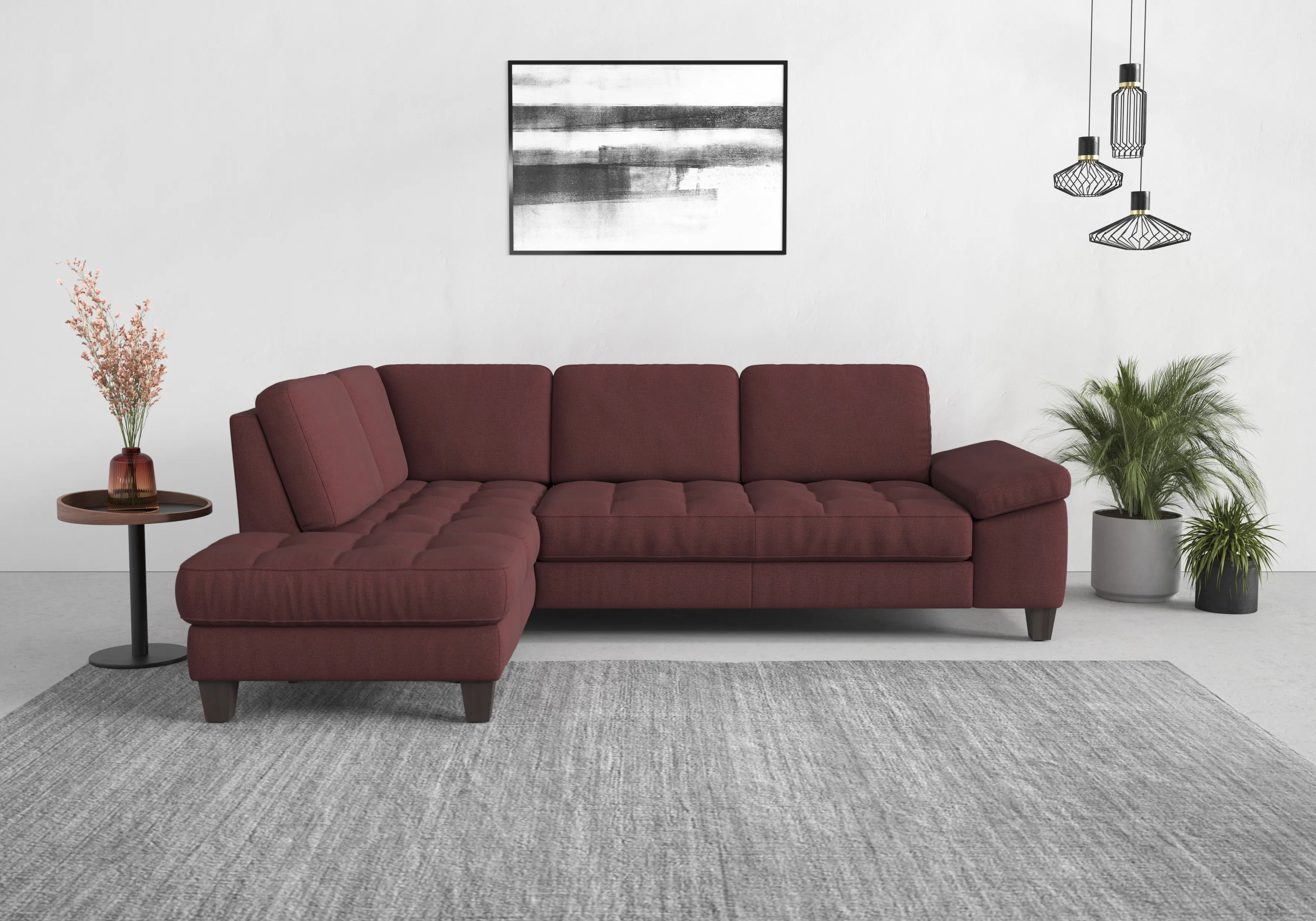 Ecksofa SIT&MORE "Westham L-Form" Sofas Gr. B/H/T: 261 cm x 88 cm x 179 cm, Struktur weich, Ottomane links, ohne Federkern-ohne Bettfunktion-ohne Armteilverstellung-ohne Sitztiefenverstellung-ohne Stauraum, lila (chianti) Ecksofas mit Ottomane, oder ohne Bettfunktion, Bettkasten, Verstellung