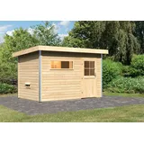 Karibu Saunahaus Außensauna Gartensauna Skrollan 1 unbehandelt ohne Zubehör 38mm Massivholz 336x196x228 cm mit Classic Tür