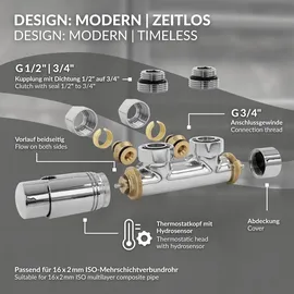 luxebath Heizkörperthermostat Ventil-Armaturen Set Multiblock Chrom Eckform inkl Thermostatkopf