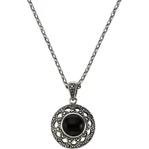 ZEEme Kette mit Anhänger Silber 925 oxydiert 45cm lang mit schwarzem Achat 10mm schwarz