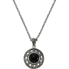 ZEEme Kette mit Anhänger Silber 925 oxydiert 45cm lang mit schwarzem Achat 10mm schwarz