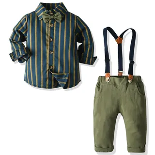 Balipig Jungen Gentleman Anzug Set, 3tlg Kinder Festliche Bekleidungssets, Langarm Hemd mit Fliege Hosenträger Hosen, Taufe Hochzeit Gentleman Outfit, Dunkelgrün 5-6 Jahre