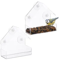 Relaxdays Fenster-Vogelfutterhaus 2er Set, 3 Saugnäpfe, Vogelfutterstation mit Dach, HBT: 15 x 15 x 7 cm, transparent