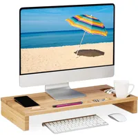 Relaxdays Monitorständer Bambus, 7 Fächer, Bildschirmerhöhung Schreibtisch, Monitor Unterbau,