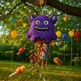 Relaxdays Pinata Monster, mit Stab und Maske, Partypinata Kinder, Geburtstag, zum Befüllen, HxBxT: 40 x 35 x 9 cm, lila
