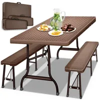 tillvex Bierzeltgarnitur klappbar 3-teilig Set Rattan Gartengarnitur wetterfest 180 cm, (Gartenmöbel Set Indoor & Outdoor mit Gartentisch und Bänken, Festzeltgarnitur) braun