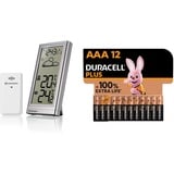 Bresser Wetterstation Funk mit Außensensor Meteo Temp, Thermometer mit Temperaturanzeige, silber & Duracell Plus AAA Micro Alkaline-Batterien, 1.5V LR03 MN2400, 12er-Pack