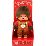 Sekiguchi 203864 - Original Monchhichi Junge mit Latzhose und Shiba Inu Motiv, ca. 20 cm großes Kuscheltier aus braunem Plüsch