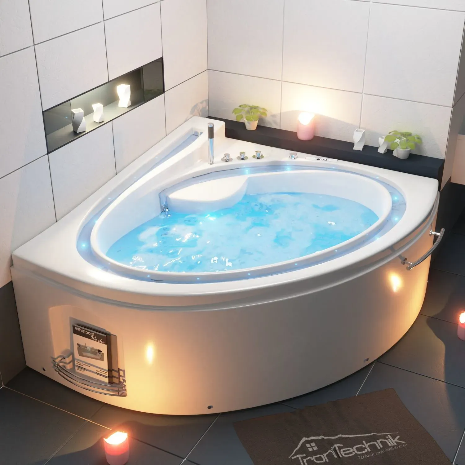 TroniTechnik® Whirlpool Badewanne HYDRA 165cm x 148cm mt Heizung, Massage, Bachlauf und Farblichttherapie Indoor Eckbadewanne 2 Personen